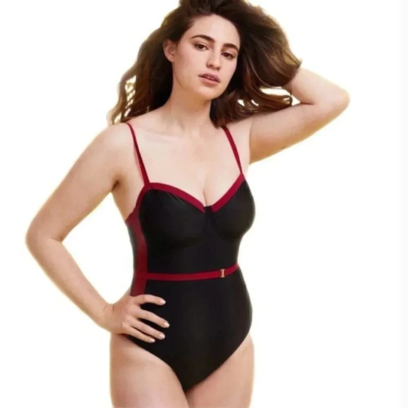 Summersalt The Harbor One Piece Swimsuit Black Red Belted Underwire Size 8 - Picture 1 of 12